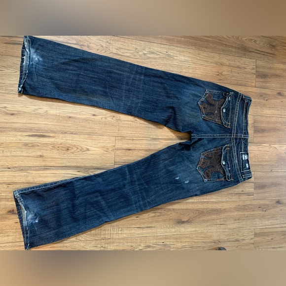 MEK Distressed Denim with Leather Back Pockets Size 36/34 - Picture 3 of 10